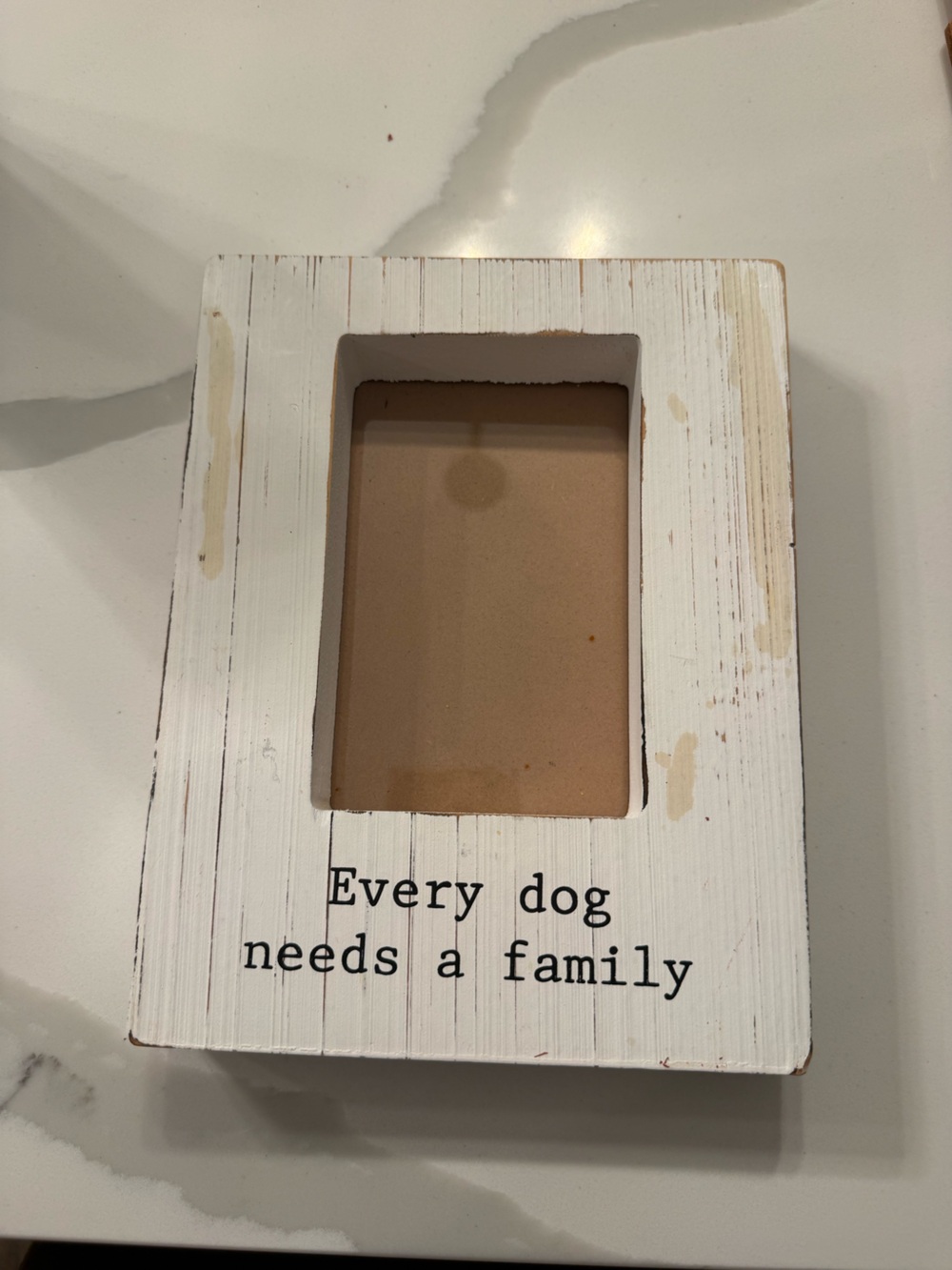 Mud Pie. White Wood Block Frame. “Every Dogs Needs A Family”. GUC. 4x6 Photo.
